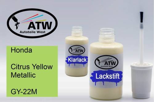 Honda, Citrus Yellow Metallic, GY-22M: 20ml Lackstift + 20ml Klarlack - Set, von ATW Autoteile West.